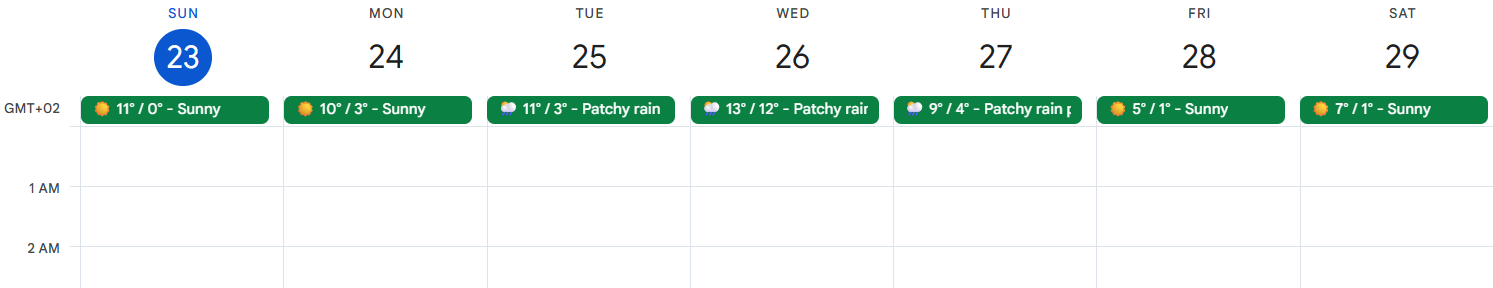 Tambahkan cuaca ke Google Calendar – contoh integrasi kalender dengan prakiraan 7 hari, suhu siang hari dan kondisi cuaca